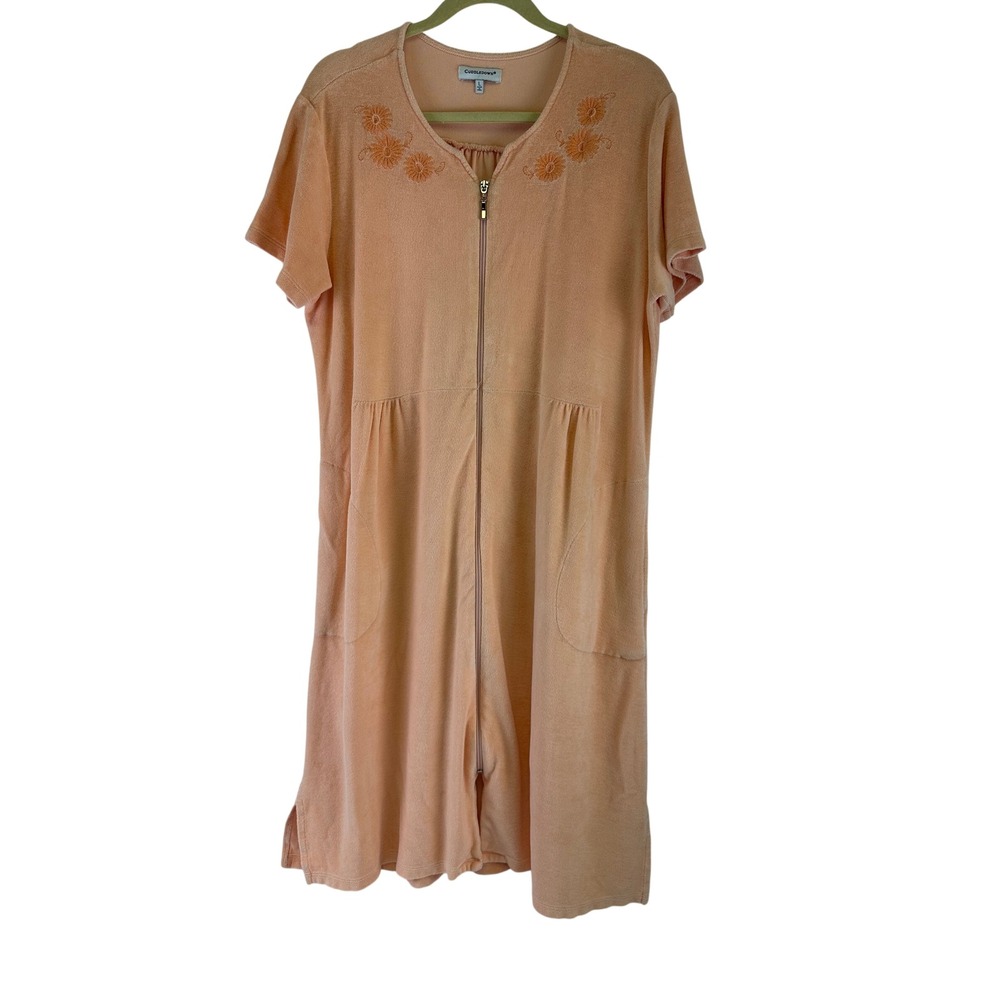 Cuddledown Robe Pima Cotton Terry Cloth Zip Front Peach Floral Embroidered L
